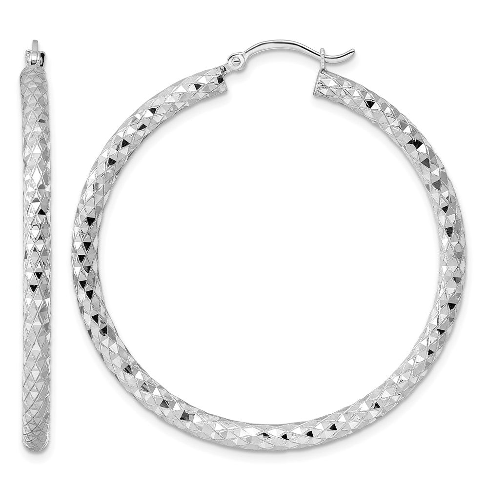 Sterling Silver Rhodium-plated 3.00mm Diamond Cut Hoop Earrings, 47 x 3 mm