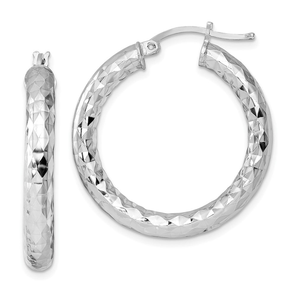 Sterling Silver Rhodium-plated 4.00mm Diamond Cut Hoop Earrings, 30 x 4 mm