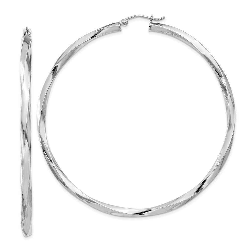 Sterling Silver Rhodium-plated 3x65mmTwisted Hoop Earrings, 65 x 3 mm