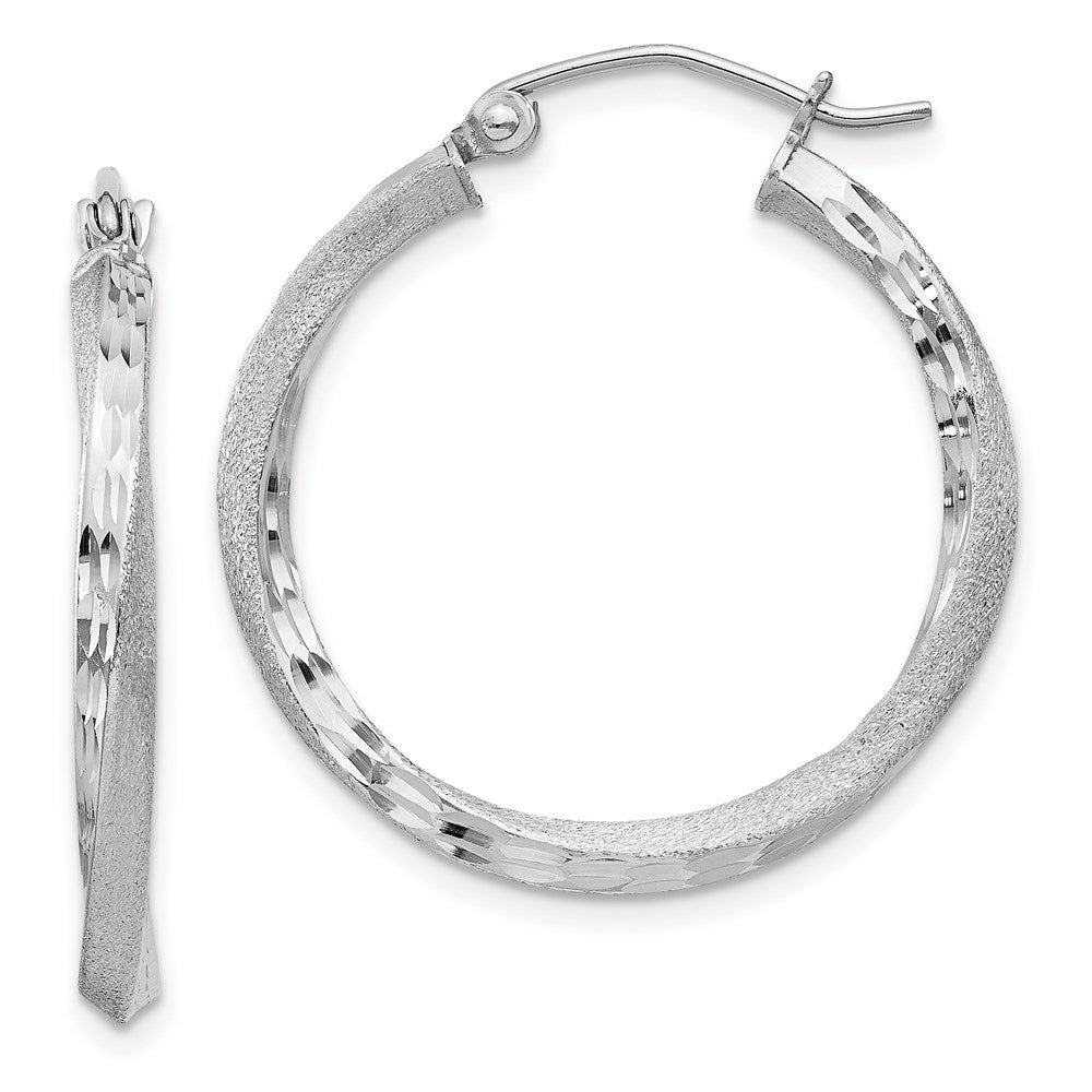 Sterling Silver RH-plated Satin Diamond-cut 2.5x25mm Twisted Hoop Earrings, 25 x 2.5 mm