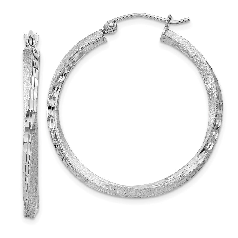 Sterling Silver RH-plated Satin Diamond-cut 2.5x30mm Twisted Hoop Earrings, 30 x 2.5 mm