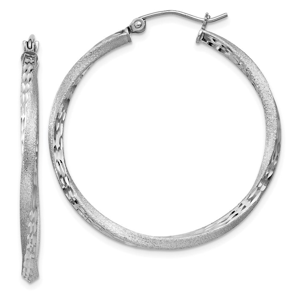 Sterling Silver RH-plated Satin Diamond-cut 2.5x35mm Twisted Hoop Earrings, 35 x 2.5 mm