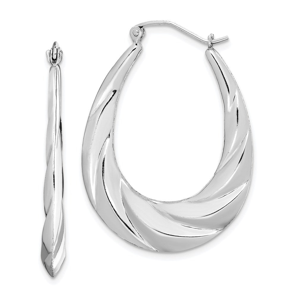 Sterling Silver Rhodium-plated Twisted Scalloped Oval Hoop Earrings, 32 x 28 mm