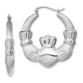 Sterling Silver Rhod-plated Polished/Satin Claddagh Hoop Earrings, 34 x 5.25 mm
