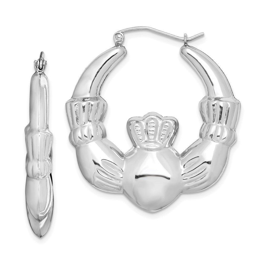 Sterling Silver Rhod-plated Polished Claddagh Round Hoop Earrings, 35 x 5.25 mm