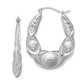 Sterling Silver Rhod-plated Satin & D/C Scalloped Oval Hoop Earrings, 34 x 27 mm