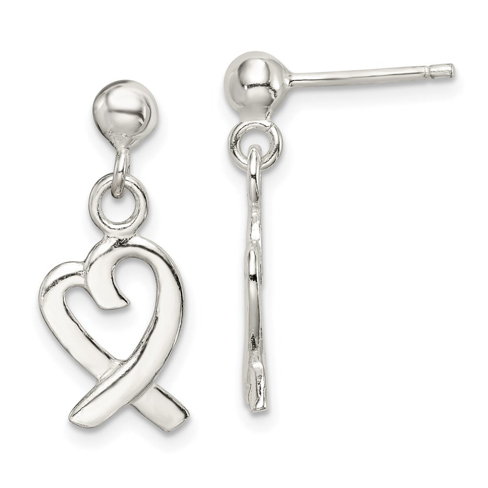 Sterling Silver Heart Dangle Post Earrings, 24 x 10 mm