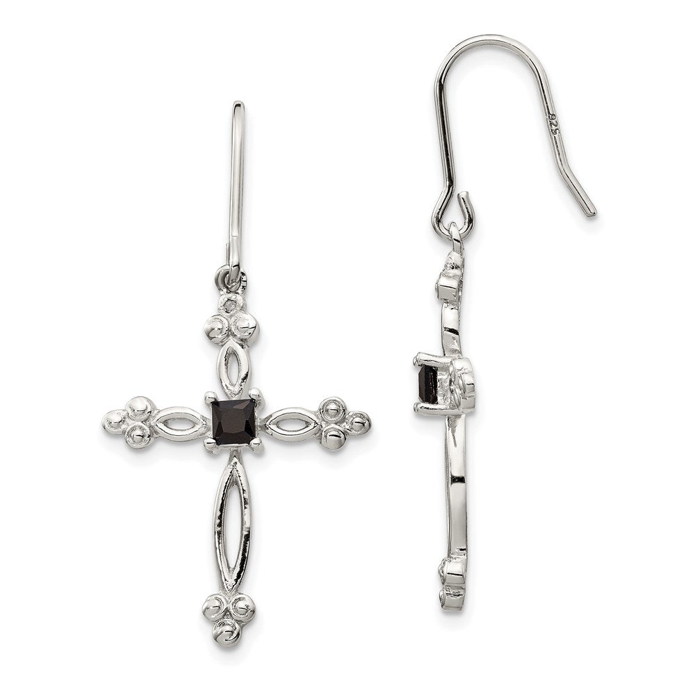 Sterling Silver Rhodium-plated Polished Diamond Accent & Black CZ Budded Cross Dangle Earrings, 0.02 ct, 41 x 20 mm
