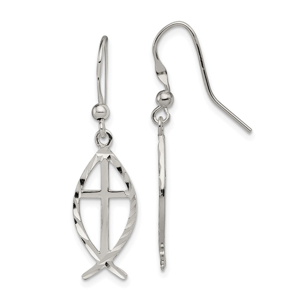 Sterling Silver Polished & D/C Cross & Ichthus Dangle Earrings, 37 x 11 mm