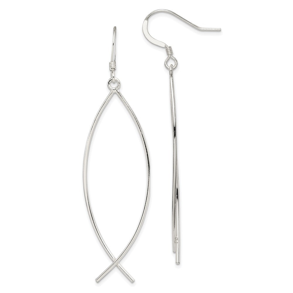 Sterling Silver Polished Ichthus Dangle Earrings, 59 x 15 mm