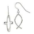 Sterling Silver Polished Cross Ichthus Dangle Earrings, 46 x 17 mm
