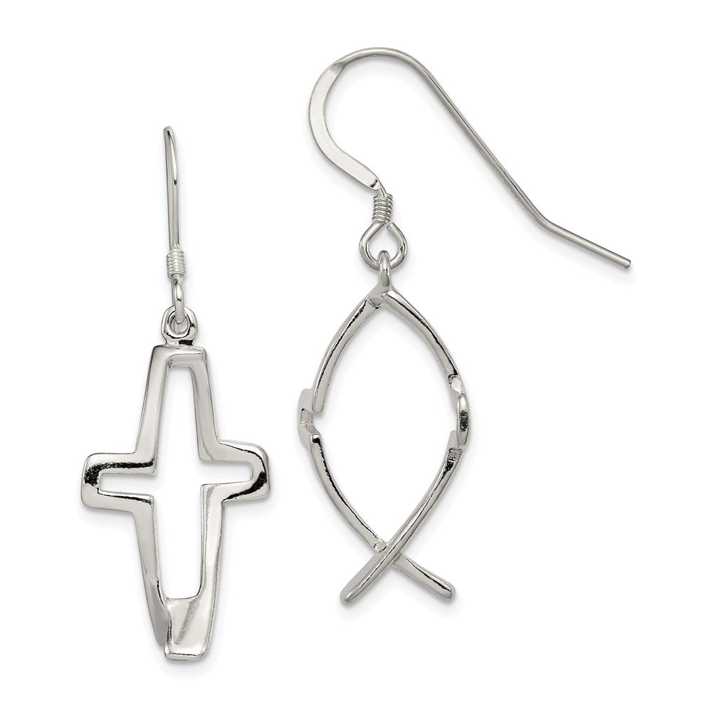 Sterling Silver Polished Cross Ichthus Dangle Earrings, 46 x 17 mm