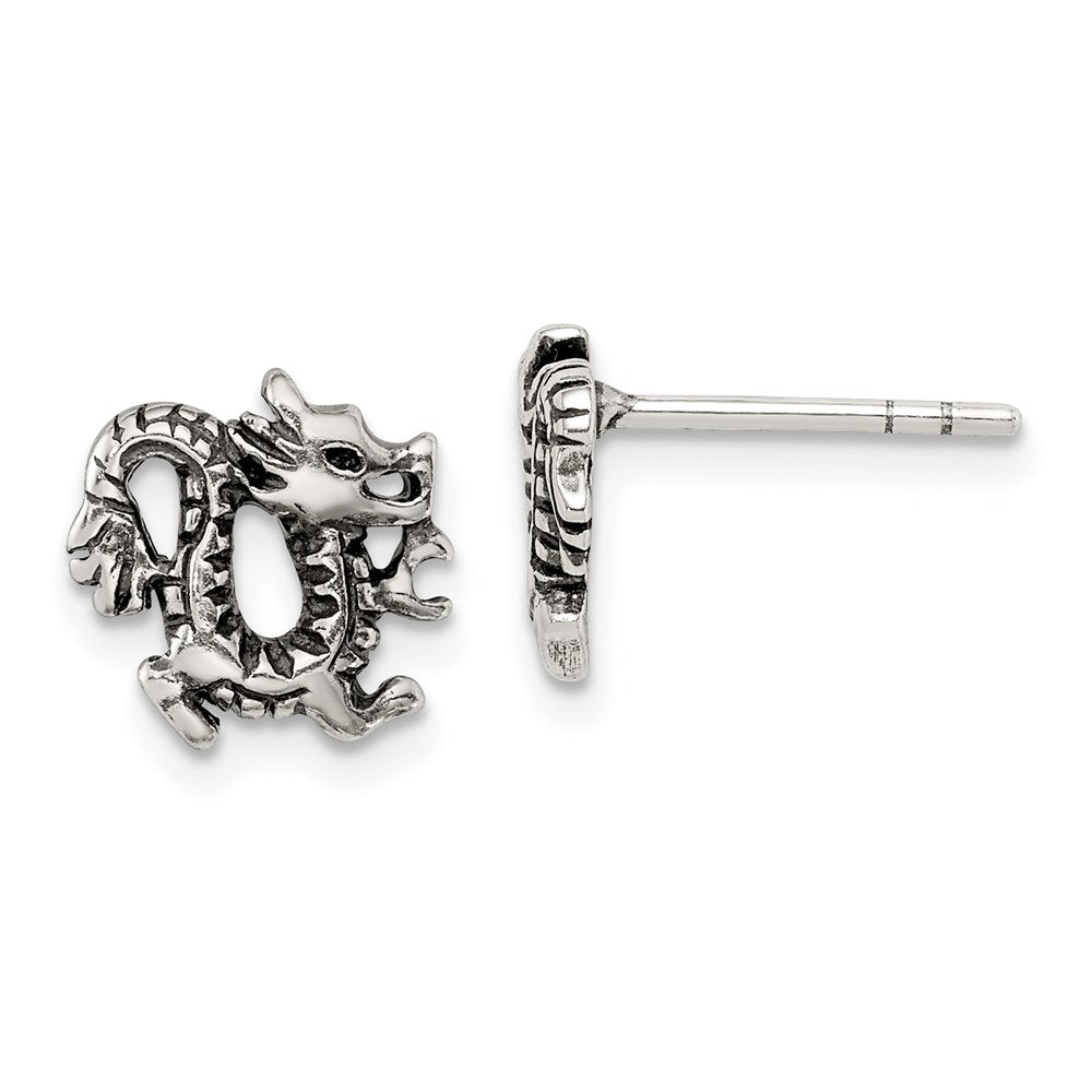 Sterling Silver Antiqued Dragon Post Earrings, 9 x 10 mm