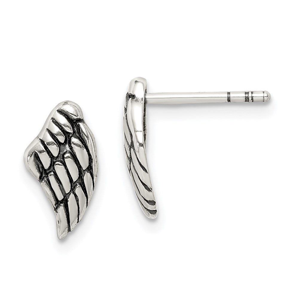 Sterling Silver Antiqued Wing Post Earrings, 13 x 6 mm