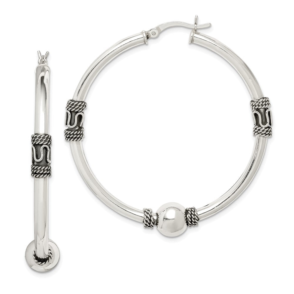 Sterling Silver Antiqued Hoop Earrings, 50 x 7.5 mm
