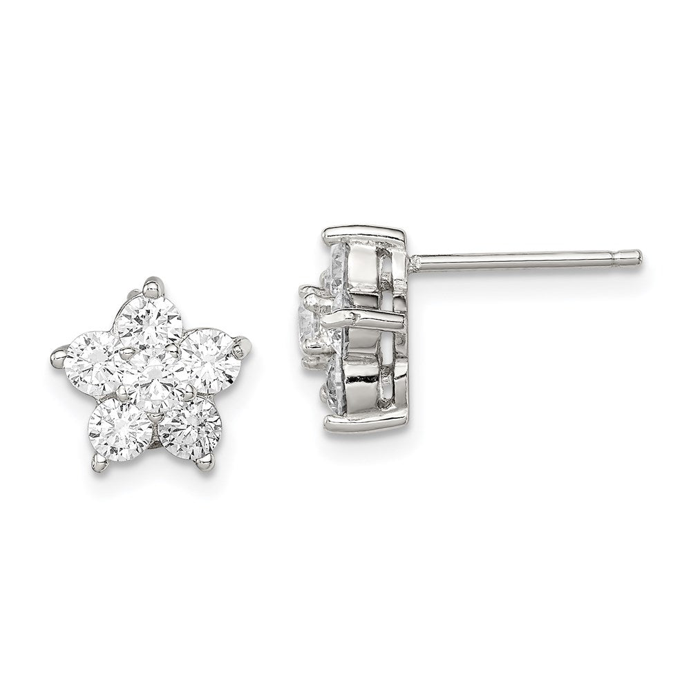 Sterling Silver Rhodium-plated CZ Flower Post Earrings, 10 x 10 mm