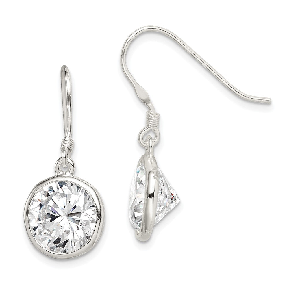 Sterling Silver Polished 11mm Round CZ Bezel Set Dangle Earrings, 24 x 11 mm