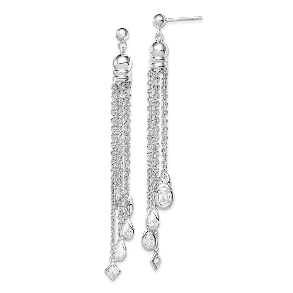 Sterling Silver RH-plated Polished CZ & Multi-Chain Post Dangle Earrings, 73 x 8 mm