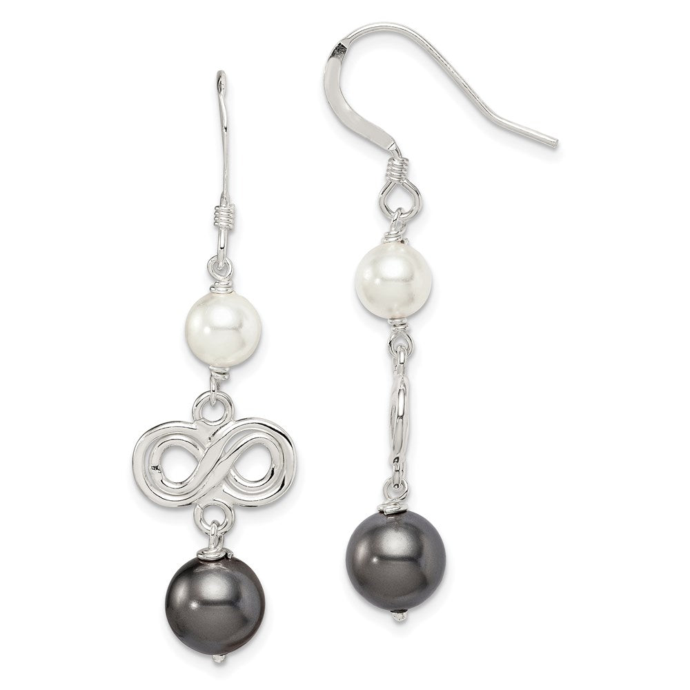Sterling Silver Polished Grey & White Glass Pearl Infinity Dangle Earrings, 46 x 10 mm