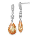 Sterling Silver Rhodium-plated Polished & Textured Champagne & White CZ Teardrop Post Dangle Earrings, 37 x 10 mm