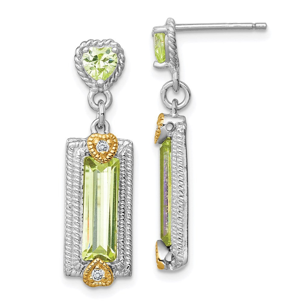 Sterling Silver w/ Gold-tone Vermeil Polished & Textured Light Green CZ Hearts Post Dangle Earrings, 28 x 8 mm