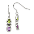 Sterling Silver Rhodium Plated Peridot and Amethyst Dangle Earrings, 1.74 ct, 37 x 6 mm
