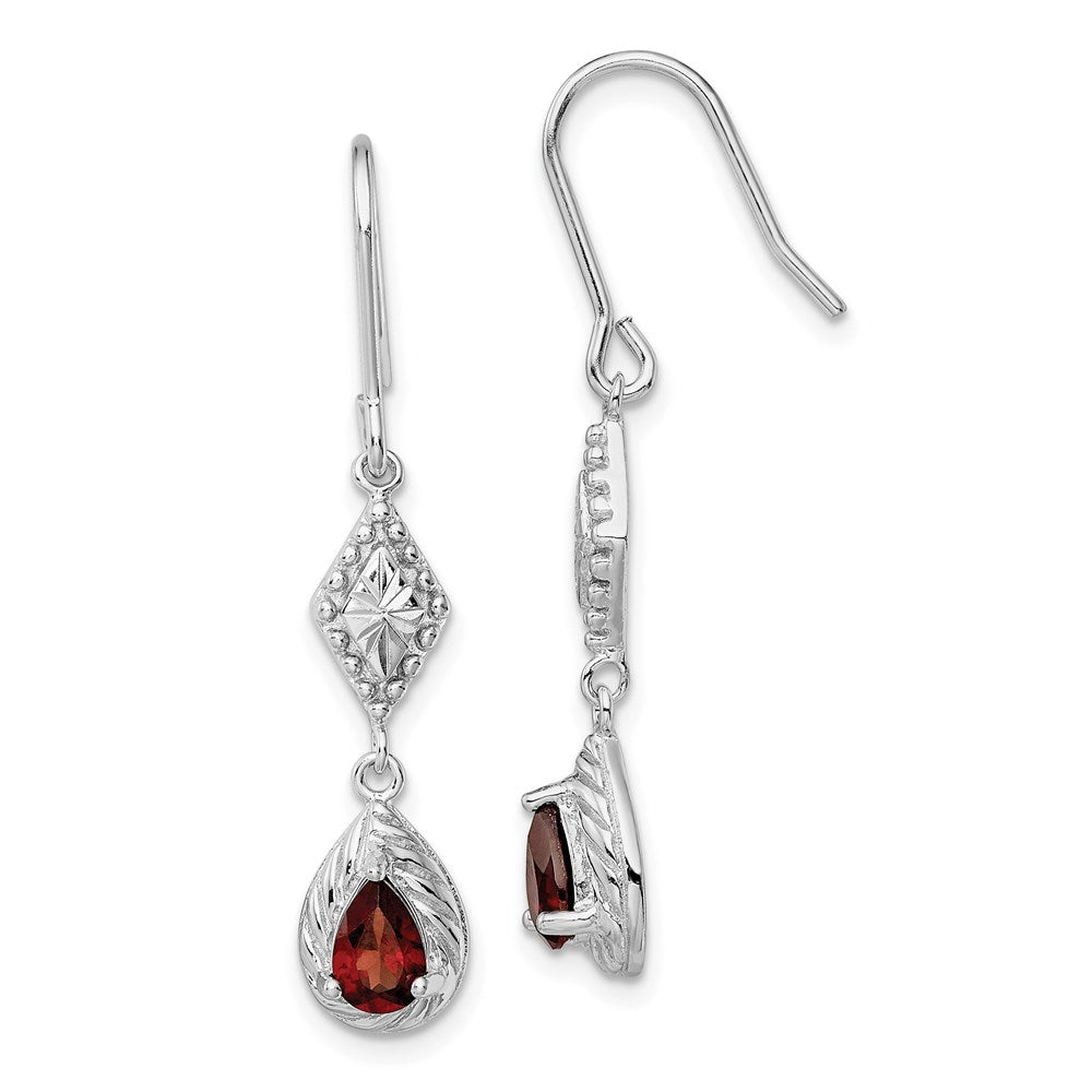 Sterling Silver Rhodium-plated Polished Diamond-cut & Textured Red CZ Teardrop Dangle Earrings, 38 x 7 mm