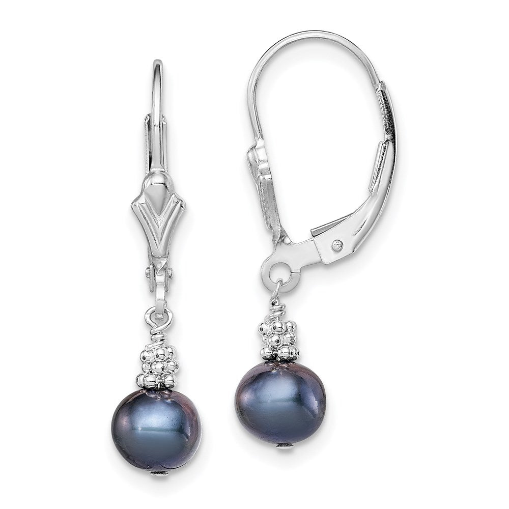 Sterling Silver Rhodium-plated 6-7mm Black Near-Round Freshwater Cultured Pearl Leverback Dangle Earrings, 22 mm