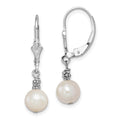 Sterling Silver Rhodium-plated Beaded 6-7mm White Near-Round Freshwater Cultured Pearl Leverback Dangle Earrings, 27 mm