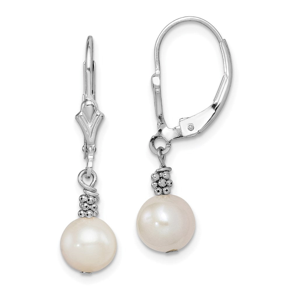 Sterling Silver Rhodium-plated Beaded 6-7mm White Near-Round Freshwater Cultured Pearl Leverback Dangle Earrings, 27 mm