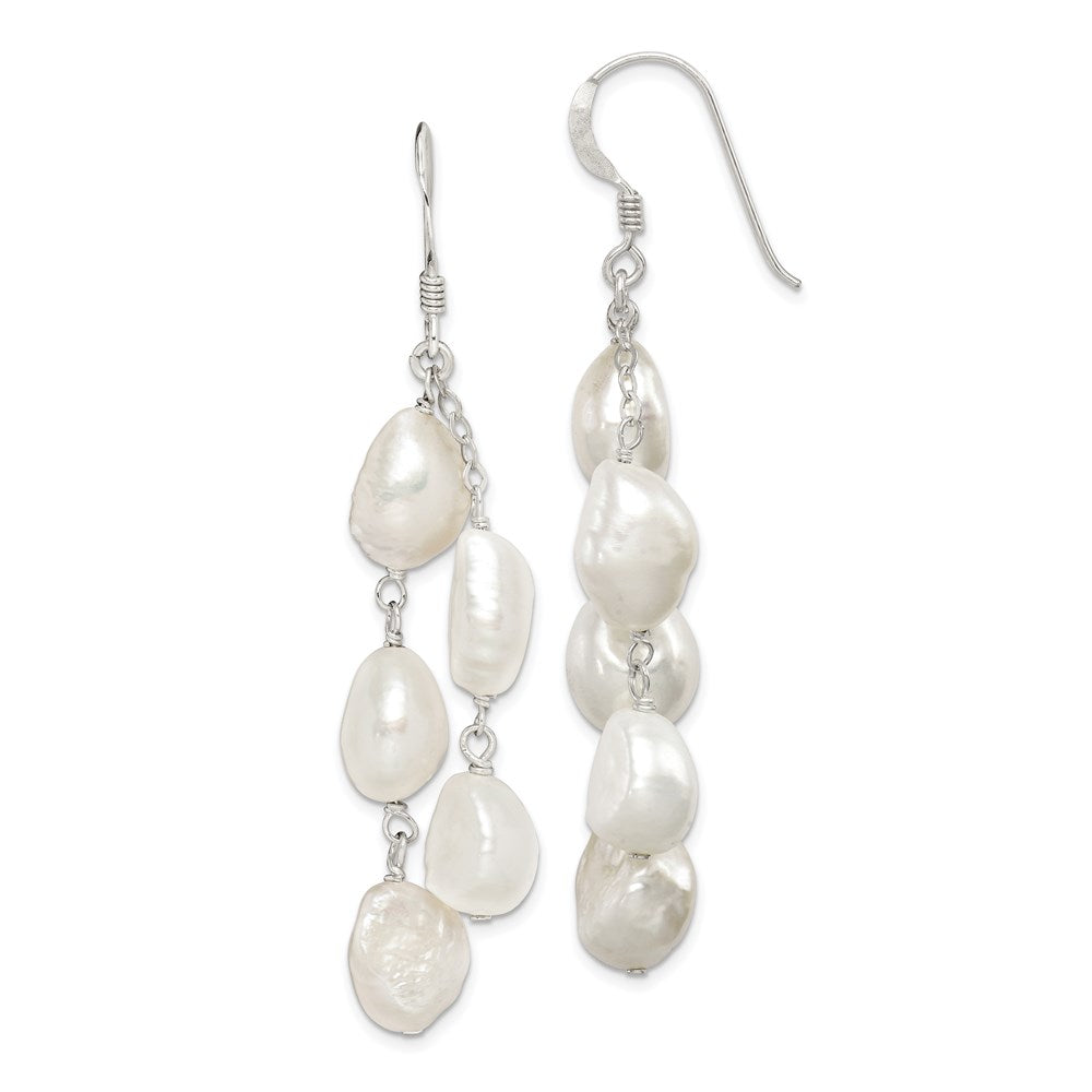 Sterling Silver Polished White 8-10mm Baroque Freshwater Cultured Pearl Two-Strand Dangle Earrings, 56 x 15 mm