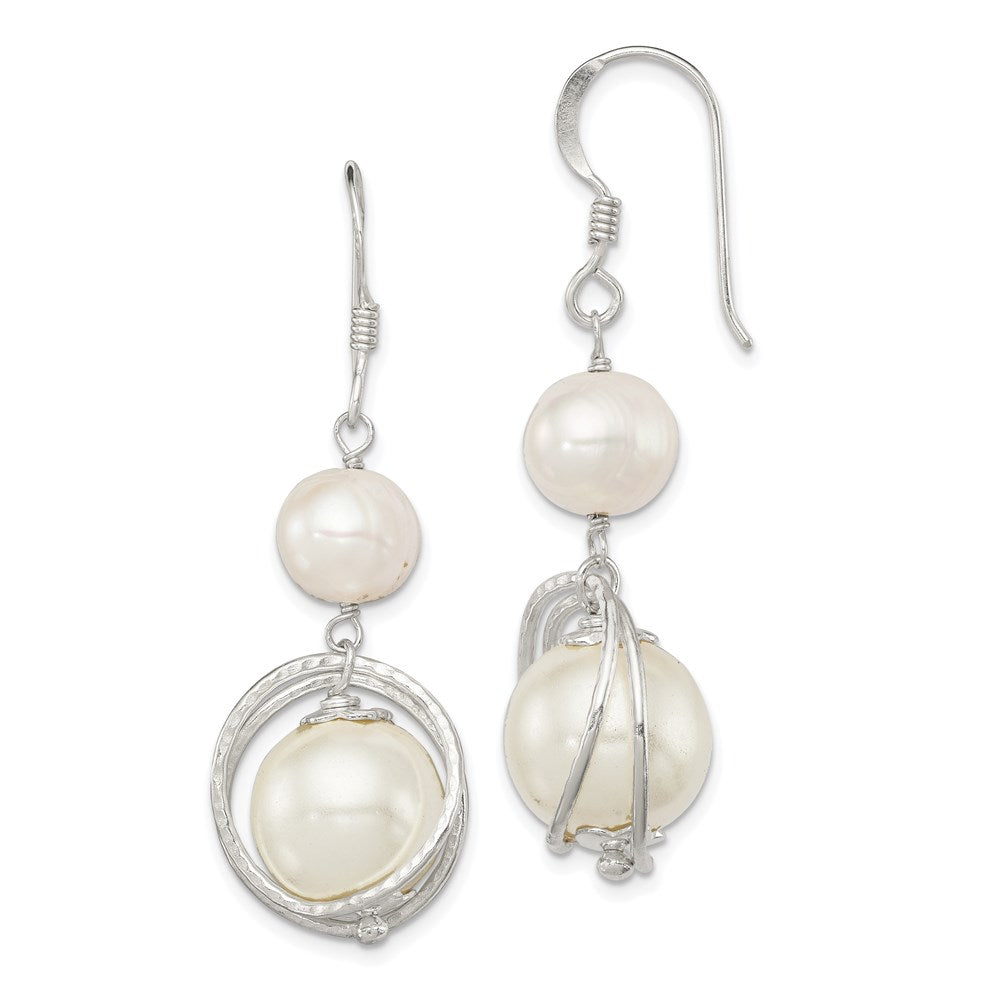 Sterling Silver Polished & Textured White 8-9mm Freshwater Cultured Pearl & 11-12mm Shell Pearl Dangle Earrings, 44 x 15 mm