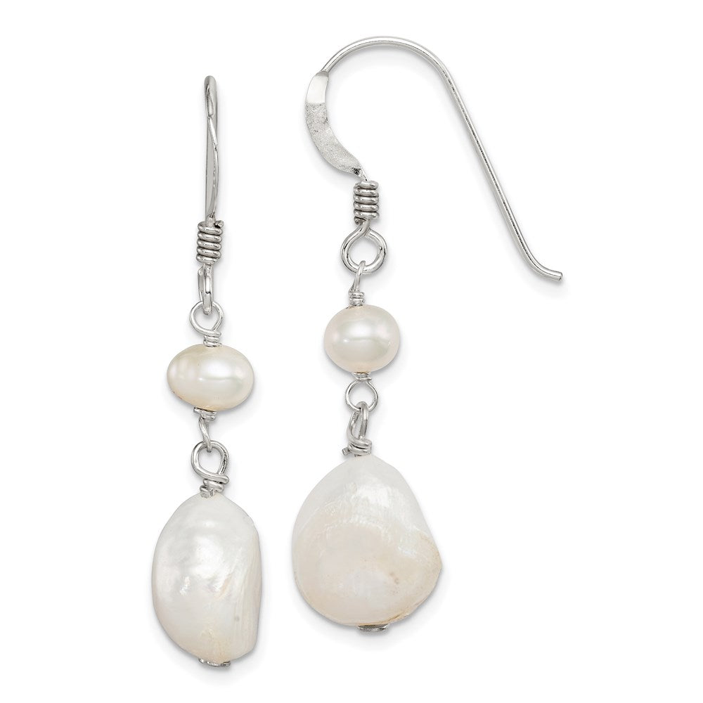 Sterling Silver Polished White 5.5-11mm Baroque & Semi-Round Freshwater Cultured Pearl Dangle Earrings, 40 x 11 mm