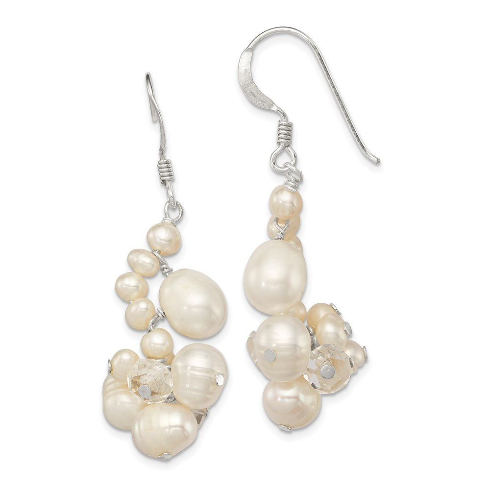 Sterling Silver Polished White Freshwater Cultured Pearl & Crystal Cluster Dangle Earrings, 44 x 15 mm