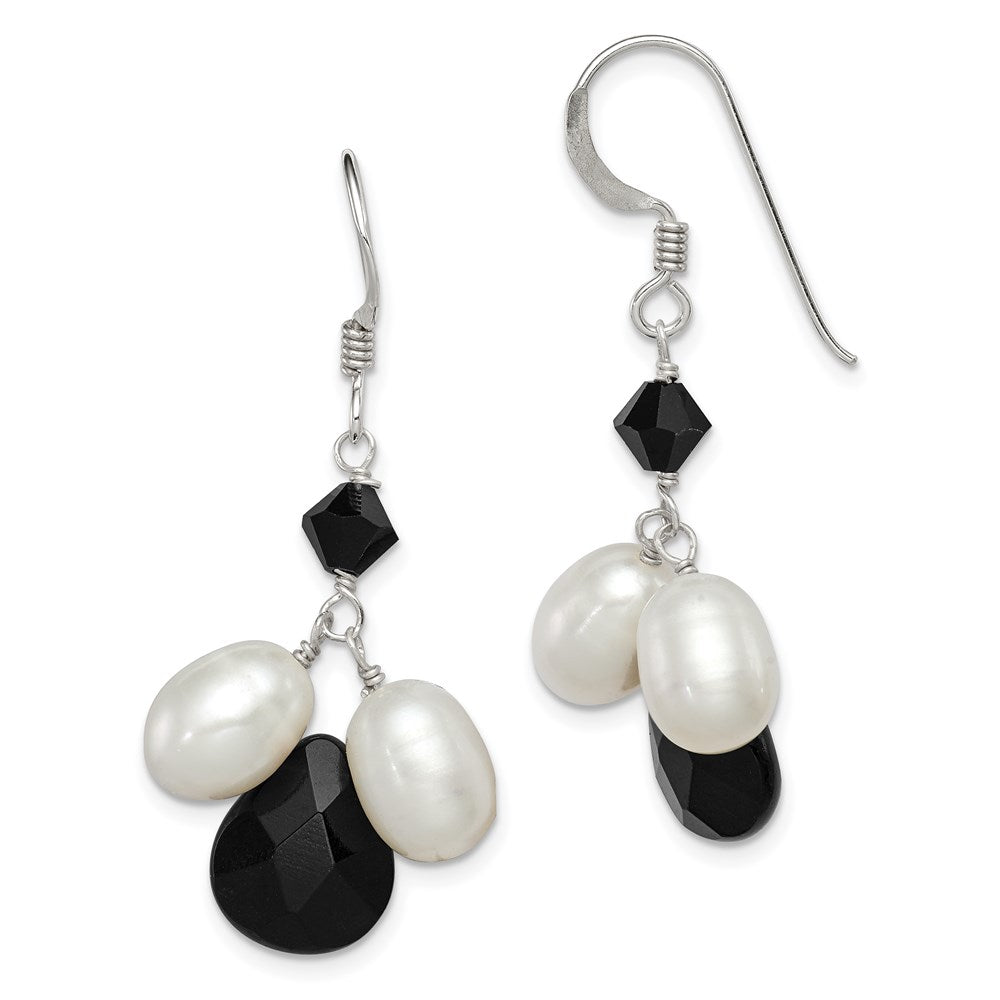 Sterling Silver Polished FWC Pearl / Black Crystal / Onyx Dangle Earrings, 39 x 18 mm