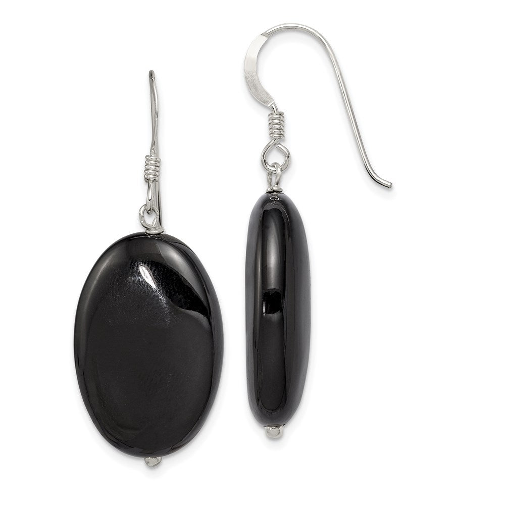 Sterling Silver Polished Black Agate Oval Dangle Earrings, 41 x 16 mm