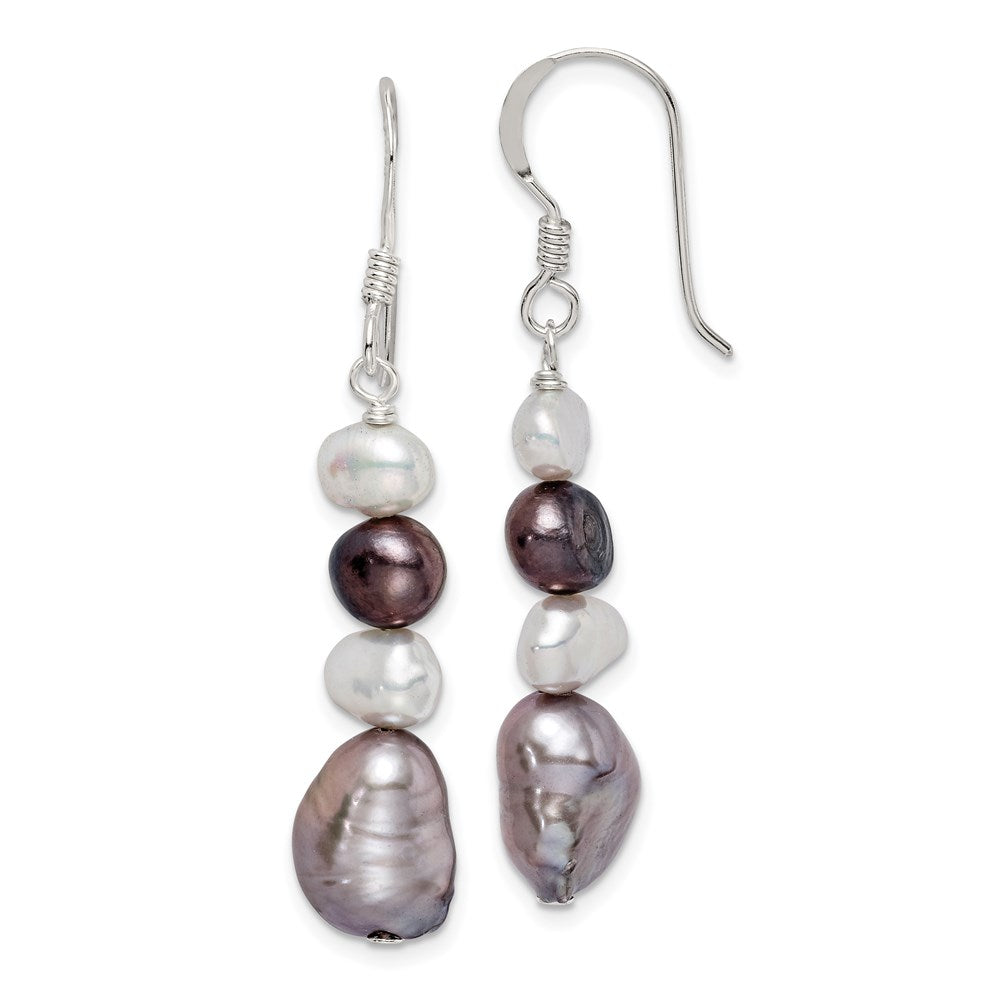 Sterling Silver Polished Black, White and Grey 6-9mm Freshwater Cultured Pearl Dangle Earrings, 44 x 9 mm