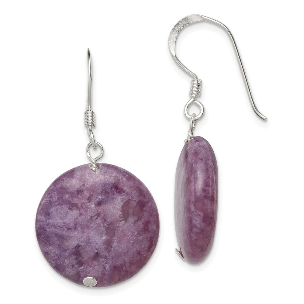 Sterling Silver Polished Purple Lepidolite Circle Dangle Earrings, 33 x 20 mm