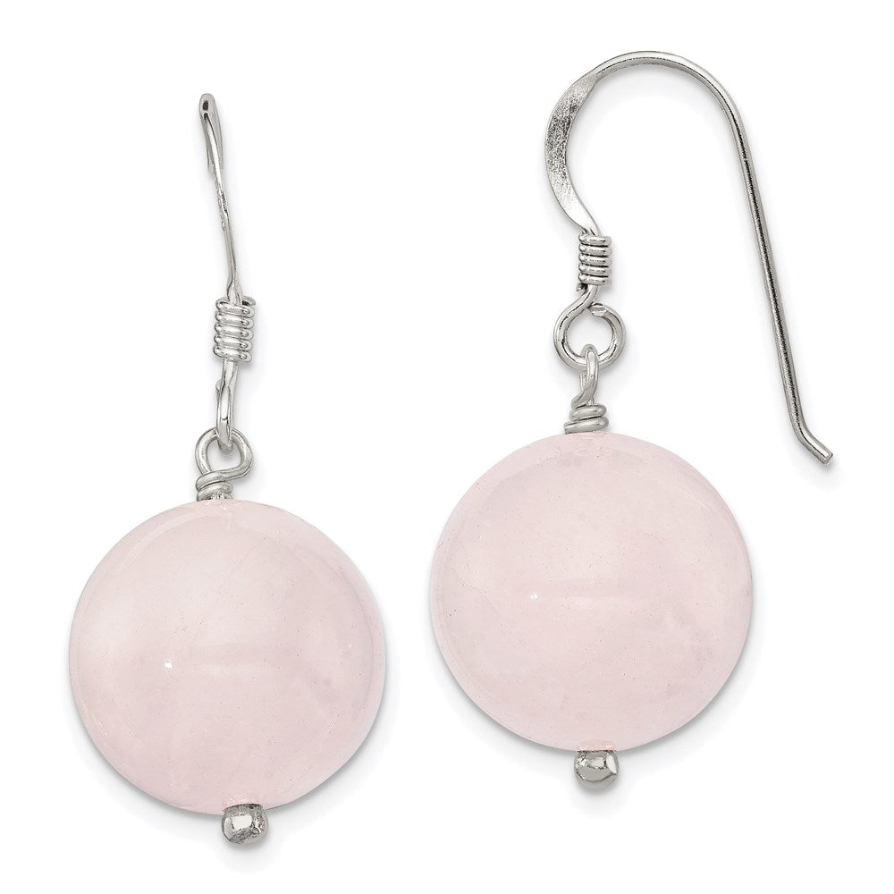 Sterling Silver Polished 12mm Round Rose Quartz Dangle Earrings, 26 x 14 mm