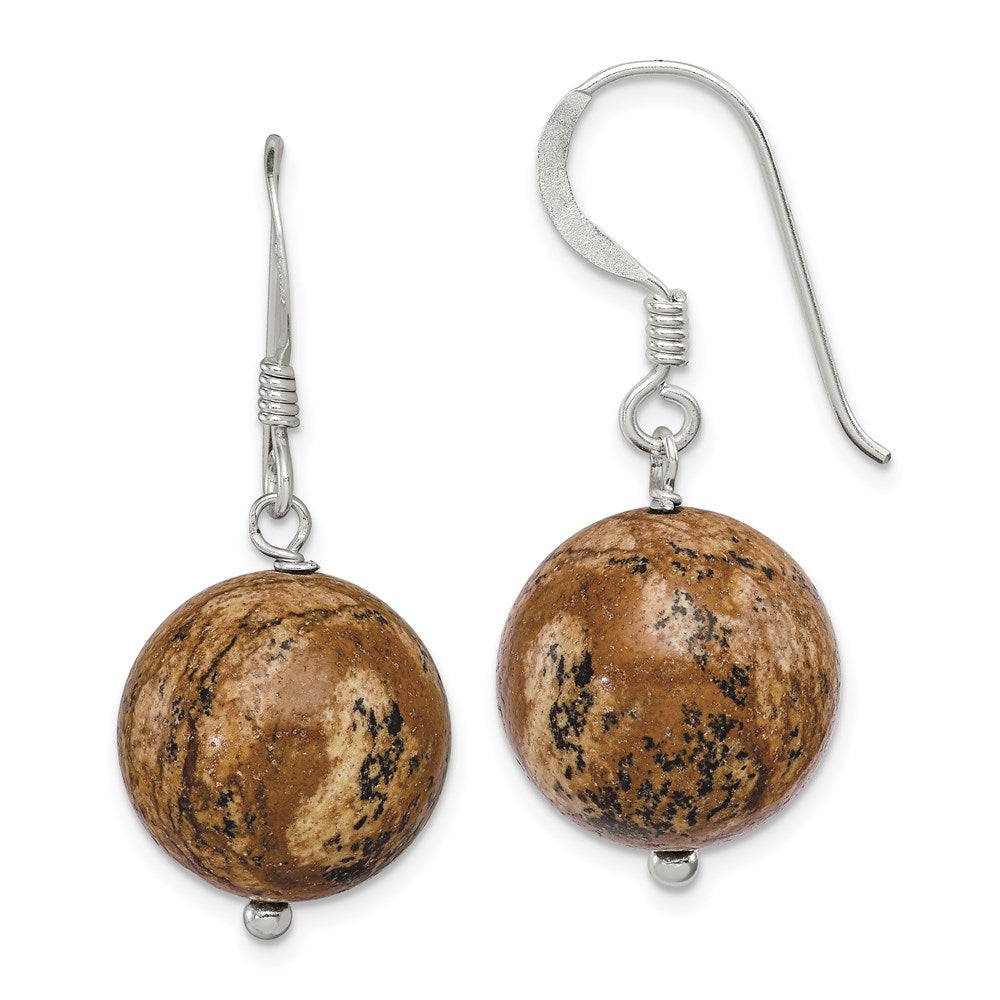 Sterling Silver Polished 14mm Round Picture Jasper Dangle Earrings, 28 x 14 mm
