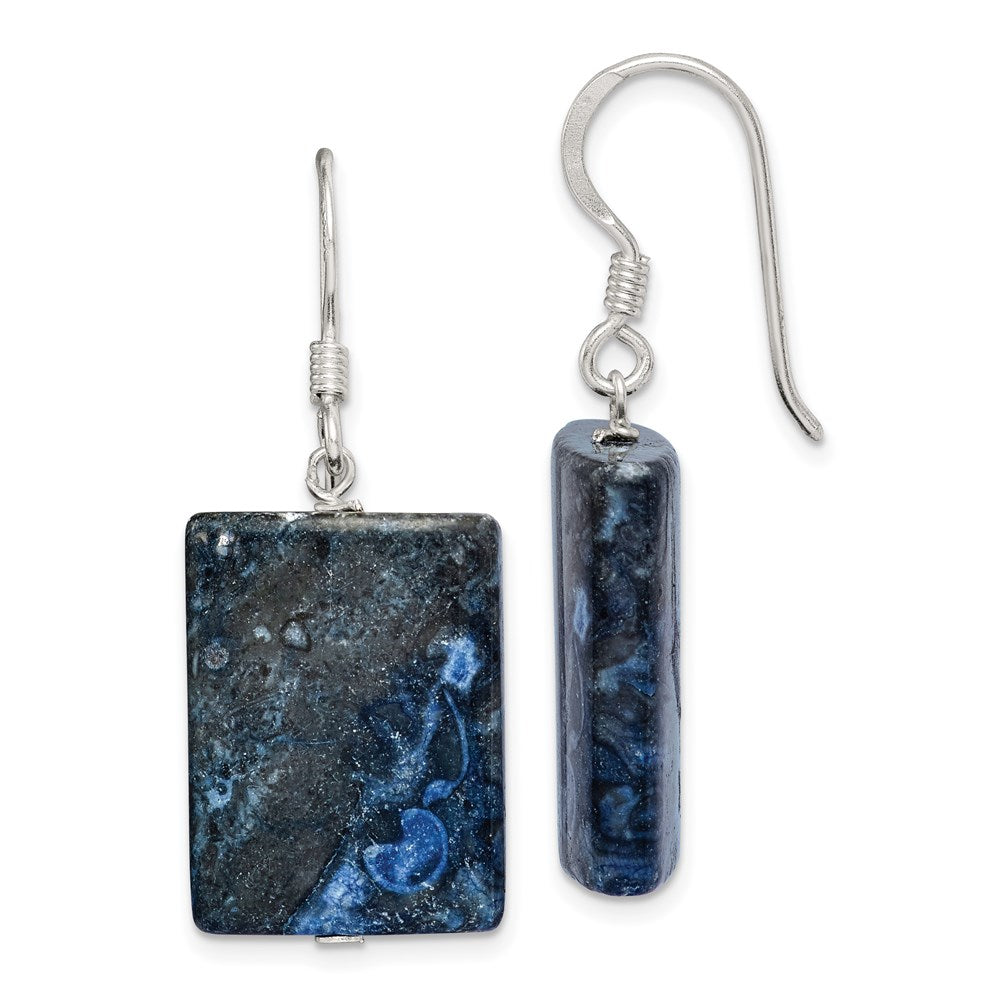 Sterling Silver Polished Blue Sodalite Rectangular Dangle Earrings, 35 x 15 mm