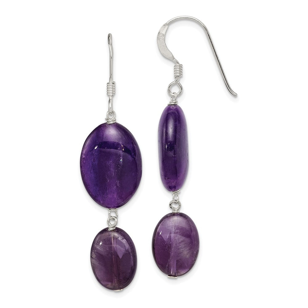 Sterling Silver Polished Amethyst & Dark Purple Jade Oval Dangle Earrings, 50 x 14 mm