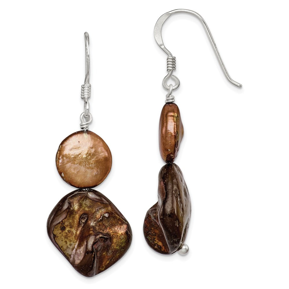 Sterling Silver Polished Brown Mother of Pearl/FWC Pearl Dangle Earrings, 47 x 19 mm