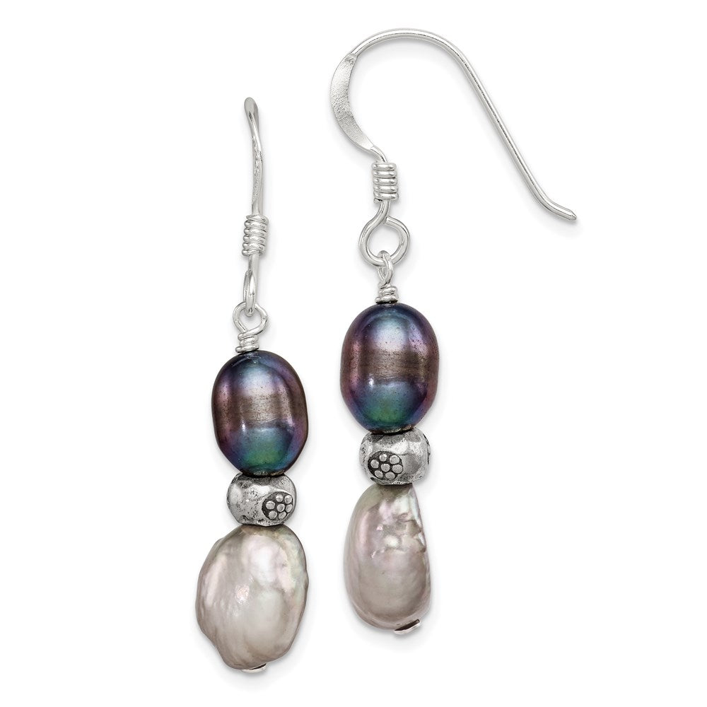 Sterling Silver Polished Antiqued & Beaded Grey & Black 7-8mm Freshwater Cultured Pearl Dangle Earrings, 40 x 8 mm