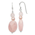 Sterling Silver Polished Rose Quartz & Pink FWC Pearl Dangle Earrings, 43 x 12 mm