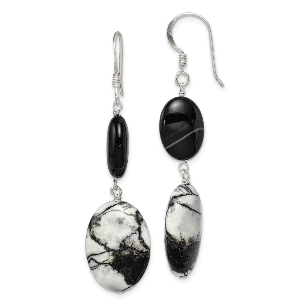 Sterling Silver Polished Black Sardonyx & Zebra Jasper Dangle Earrings, 51 x 15 mm