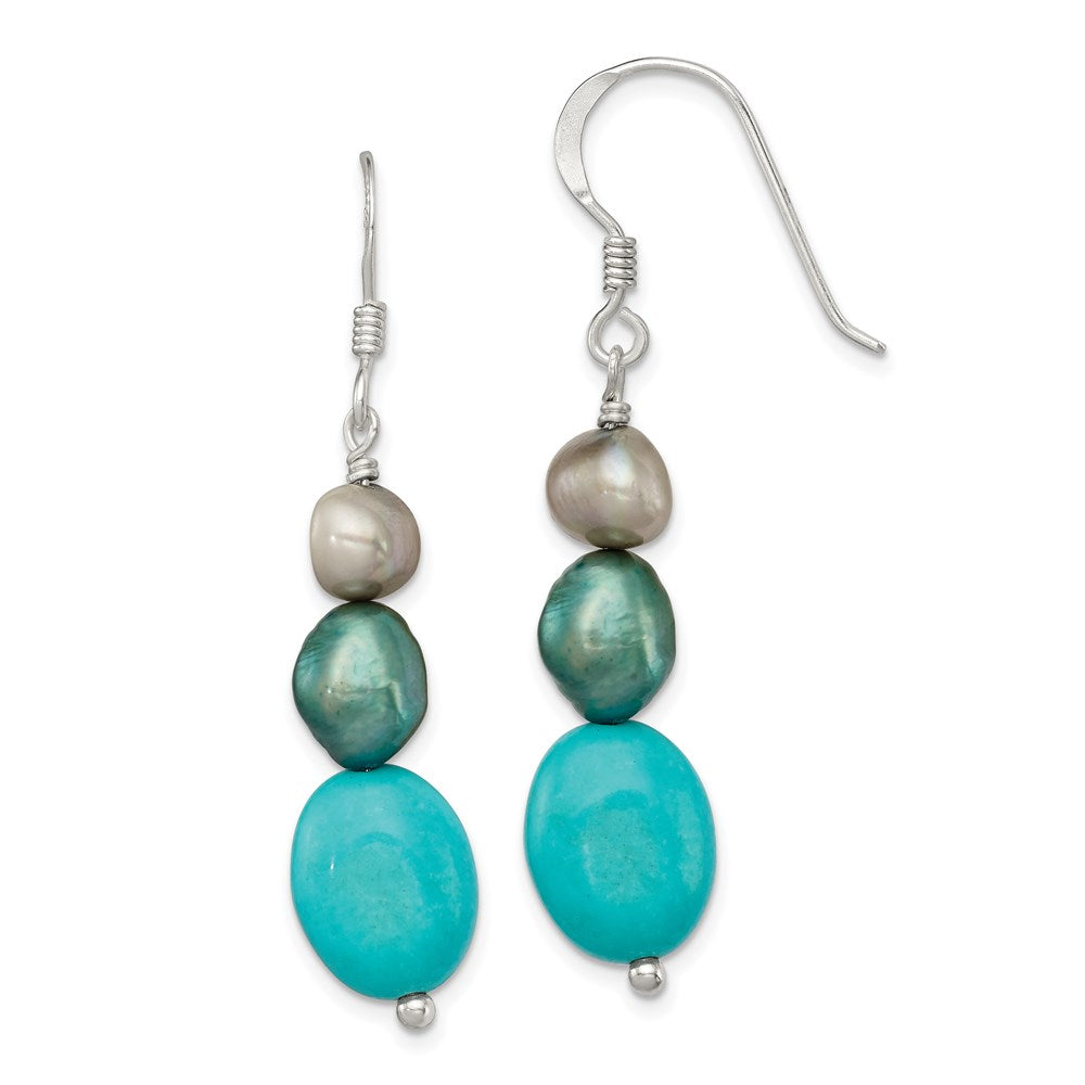 Sterling Silver Turquoise, Grey & Green FW Cultured Pearl Dangle Earrings, 43 x 10 mm