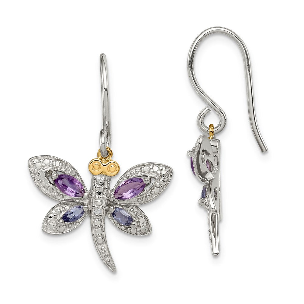 Brilliant Gemstones Sterling Silver with 14K Accent Rhodium-plated Amethyst/Iolite/Diamond Dragonfly Earrings, 1.57 ct, 27 x 21 mm