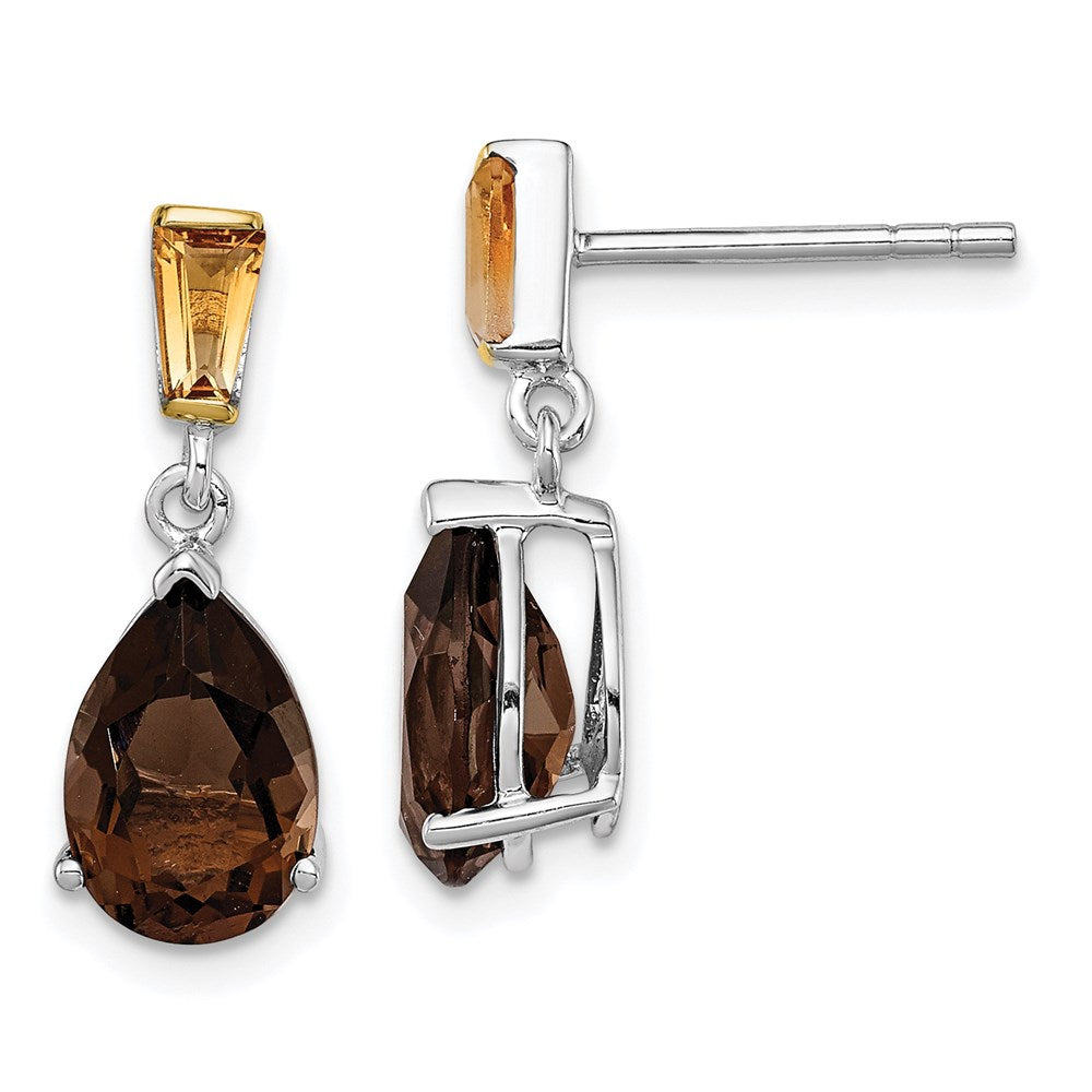 Brilliant Gemstones Sterling Silver with 14K Accent Rhodium-plated Smoky Quartz and Citrine Earrings, 3.8 ct, 18 x 7 mm