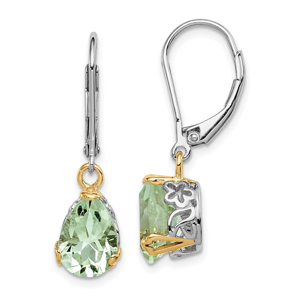 Brilliant Gemstones Sterling Silver with 14K Accent Rhodium-plated Green Quartz Leverback Earrings, 3.5 ct, 28 x 8 mm